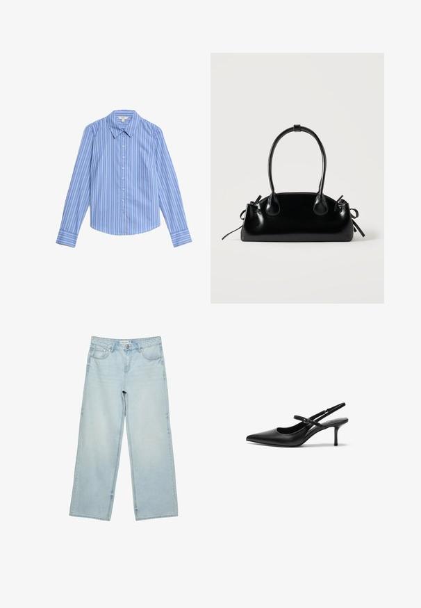 Blå og hvid stribet langærmet skjorte med knaplukning. Har en spids krave og en buet kant. Lavet af glat, letvægtsstof.; Lyseblå vidde jeans med forlommer, bæltestropper og knaplukning, lagt fladt på en hvid baggrund.; Sorte læder slingback hæle med spids tå, slank justerbar rem og en stiletto hæl på cirka 5 cm, glat tekstur.; Lille sort blank håndtaske med to lange håndtag og snøre-detaljer i siden på en ensfarvet lys baggrund.