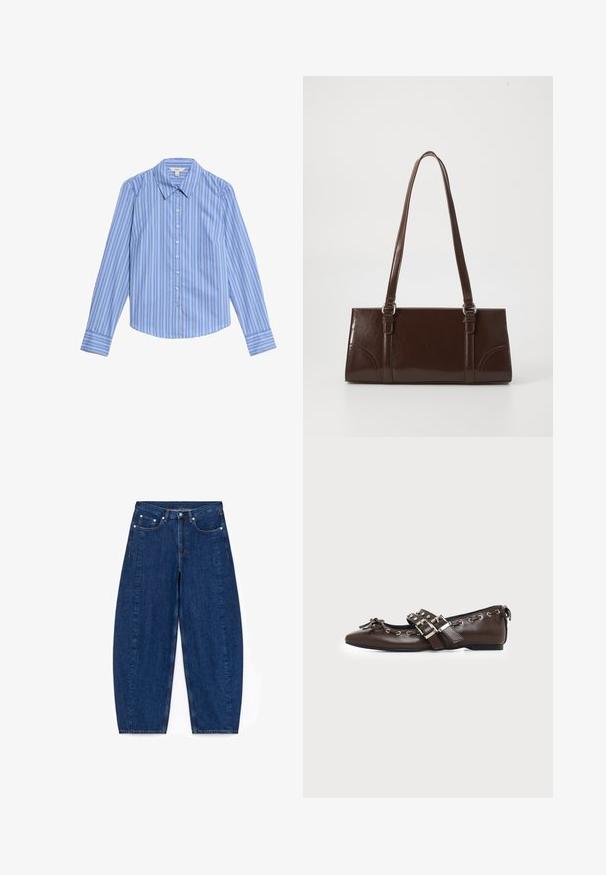 Camisa de botones de manga larga a rayas azul y blanca. Presenta un collar tipo pico y un dobladillo curvado. Fabricada con una tela suave y ligera.; Jeans de mezclilla azul oscuro de pierna ancha con cintura alta, cinco bolsillos y herrajes plateados. Presentan costuras visibles y una textura suave.; Zapato plano de cuero marrón oscuro con puntera puntiaguda, doble hebilla plateada, ojales metálicos y lazo decorativo en la parte delantera.; Bolso de mano de piel sintética marrón con forma rectangular, dos asas largas y sutiles acentos curvados en la parte delantera.