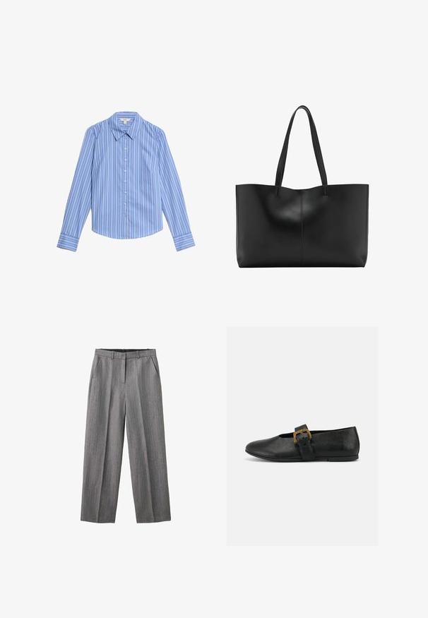 Blauw-wit gestreepte langarm blouse met knopen. Kenmerkt zich door een puntkraag en een gebogen zoom. Gemaakt van een gladde, lichte stof.; Grijze geruite broek met rechte pijpen, riemlussen en zijzakken, ontworpen voor formeel of kantoorgebruik.; Zwarte leren platte schoen met brede band en grote gouden gesp op een effen witte achtergrond.; Zwarte leren tote bag met twee lange handvatten, een strak ontwerp en subtiele stiksels langs de middennaad. Gladde textuur.