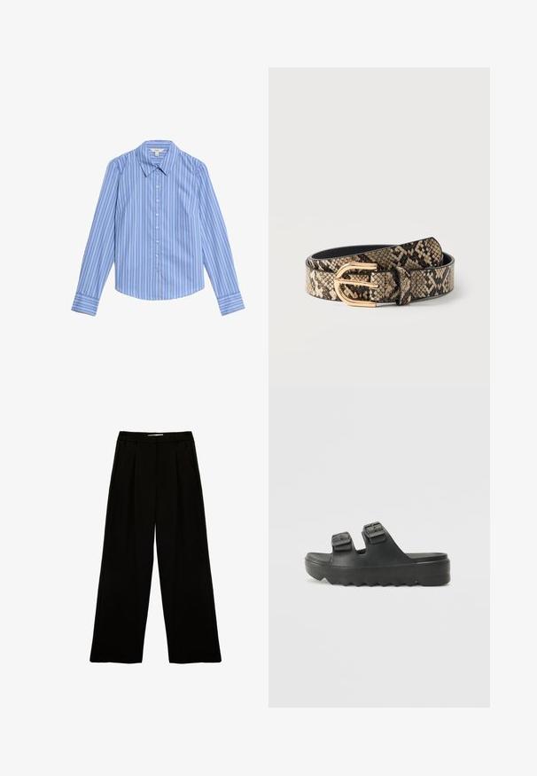 Camisa de botones de manga larga a rayas azul y blanca. Presenta un collar tipo pico y un dobladillo curvado. Fabricada con una tela suave y ligera.; Pantalones negros de pierna ancha con pliegues delanteros, bolsillos laterales y trabillas para cinturón, extendidos sobre un fondo blanco.; Sandalias de goma negras con dos hebillas ajustables, una plantilla texturizada y una suela gruesa en zigzag para mayor agarre y comodidad.; Cinturón con estampado de piel de serpiente en beige y negro y hebilla metálica dorada brillante, enrollado sobre una superficie blanca.