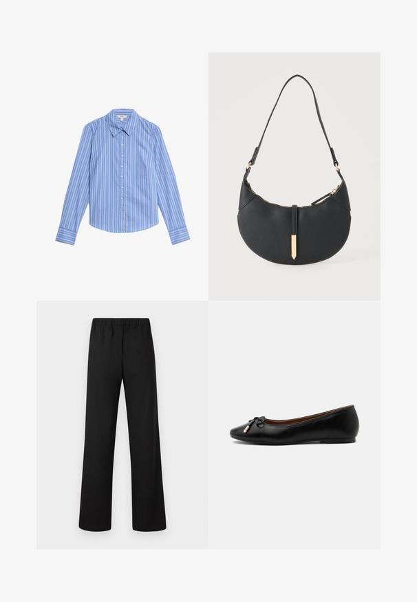 Camisa de botones de manga larga a rayas azul y blanca. Presenta un collar tipo pico y un dobladillo curvado. Fabricada con una tela suave y ligera.; Pantalones de tiro elástico negro con pierna recta, confeccionados en tela suave, con frente plano, sin bolsillos visibles ni adornos.; Zapato bailarín plano de cuero negro con punta redondeada, pequeño lazo con extremos dorados y un tacón bajo y plano sobre fondo gris.; Bolso negro en forma de media luna con una sola correa, cremallera dorada y una lengüeta decorativa rectangular dorada en la parte delantera.