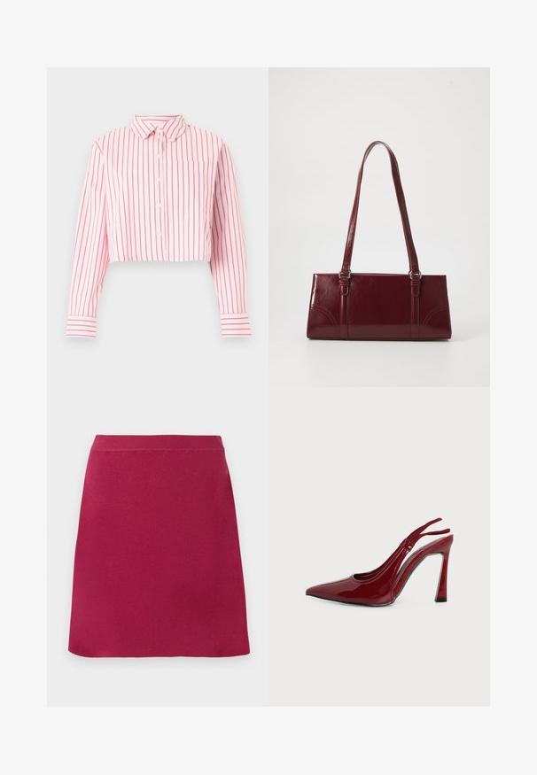 Chemise rose courte à boutons avec des rayures verticales rose foncé, manches longues, col, poche poitrine avant et poignets rayés.; Jupe rouge arrivant au genou, ajustée, avec une texture lisse et une large ceinture élastique, présentant un design simple sans motifs ni accents visibles.; Chaussure à talon haut slingback pour femme, brillante, rouge foncé, à bout pointu et talon fin courbé sur fond blanc.; Sac à main bordeaux en matériau brillant, de forme rectangulaire, avec deux anses et des accents légèrement courbés à l'avant.