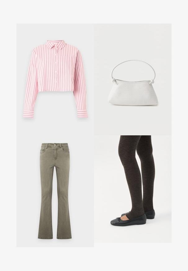 Chemise rose courte à boutons avec des rayures verticales rose foncé, manches longues, col, poche poitrine avant et poignets rayés.; Jean droit vert olive avec fermeture à boutons sur le devant, passants pour ceinture et design cinq poches, présenté sur un fond uni.; Jambes portant des leggings côtelés foncés associés à des ballerines noires avec de petits détails en nœud sur fond blanc.; Sac à main en cuir tressé blanc avec poignée arrondie et extrémités de lanière nouées, présenté sur un fond uni.