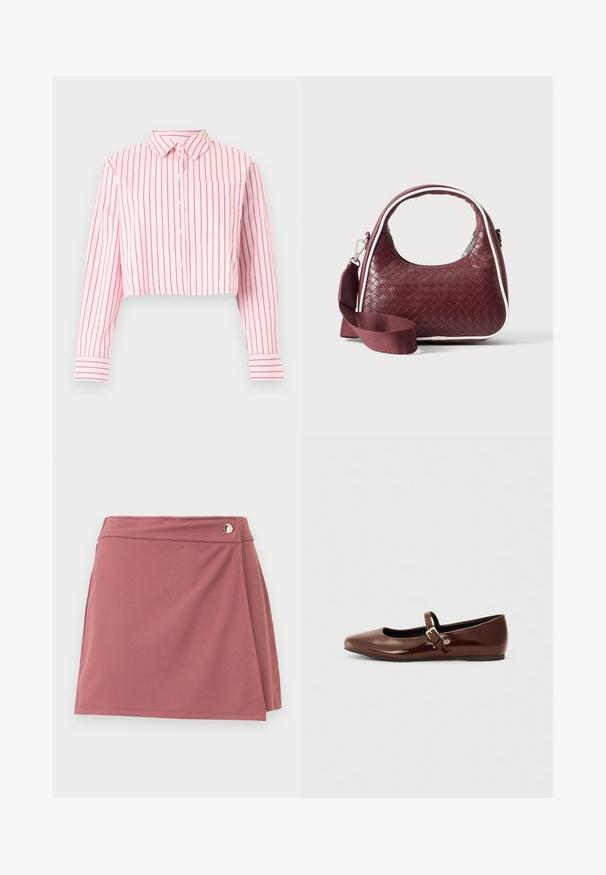 Chemise rose courte à boutons avec des rayures verticales rose foncé, manches longues, col, poche poitrine avant et poignets rayés.; Jupe portefeuille courte en rose poussiéreux avec un petit bouton argenté près de la ceinture sur un fond clair uni.; Ballerine en cuir verni marron avec un bout carré et une lanière ornée d'une petite boucle dorée. Texture lisse, talon bas et design minimaliste.; Sac à main en cuir tressé marron foncé avec poignée courbée, garniture blanche, fermeture éclair argentée et bandoulière large en tissu amovible sur fond uni.