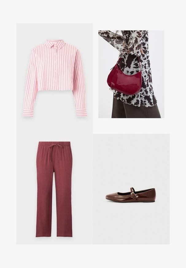 Chemise rose courte à boutons avec des rayures verticales rose foncé, manches longues, col, poche poitrine avant et poignets rayés.; Pantalon bordeaux à taille élastique avec cordon de serrage, jambes droites larges, en tissu doux adapté à un usage décontracté.; Ballerine en cuir verni marron avec un bout carré et une lanière ornée d'une petite boucle dorée. Texture lisse, talon bas et design minimaliste.; Femme portant un chemisier à motif noir et blanc tenant un sac à main rouge brillant sur un fond uni.