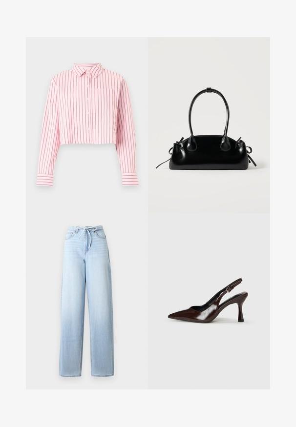 Chemise rose courte à boutons avec des rayures verticales rose foncé, manches longues, col, poche poitrine avant et poignets rayés.; Jean large taille haute bleu clair avec poches avant et fermeture à lien à nouer.; Talons slingback en cuir verni brun avec un bout pointu, un talon fin, et une sangle réglable avec une petite boucle.; Petit sac à main noir brillant avec deux longues anses et des détails à cordon sur les côtés sur un fond clair uni.
