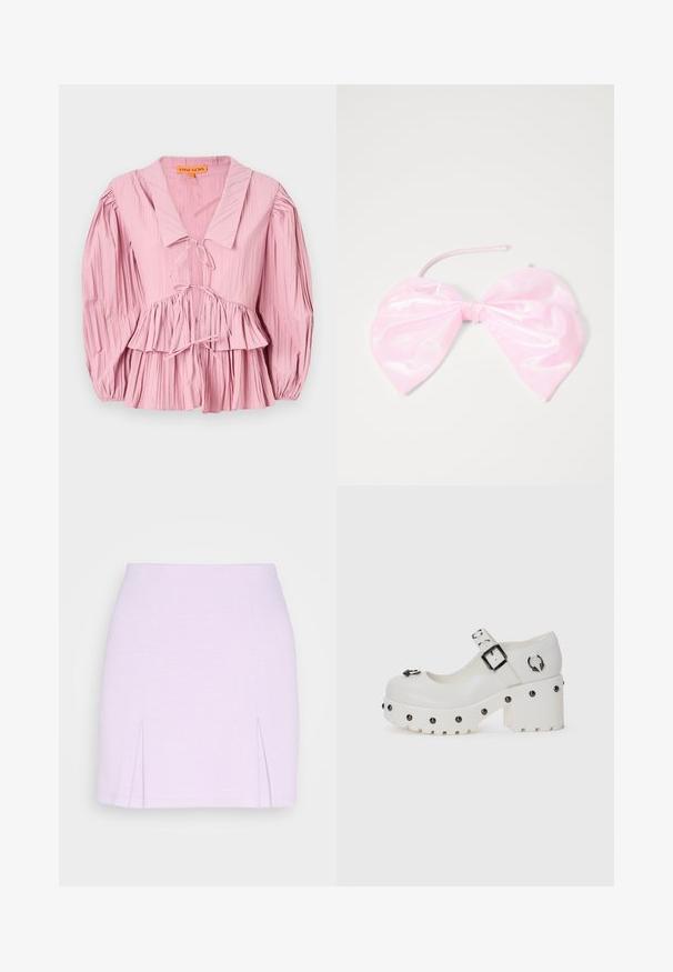 Stine Goya PLEATED BALLOON SLEEVE TIE - Blúzka - pink nectar; Even&Odd by Zalando Minisukňa - lilac; Biele platformové topánky s zaoblenou špičkou, prackou a okrúhlymi cvočkami. Textúrovaná podrážka s nízkym podpätkom a dekoračnými kovovými detailmi.; Ružový, lesklý vlasový doplnok v tvare veľkej mašle, s hladkým povrchom a tenkým pásikom na upevnenie.