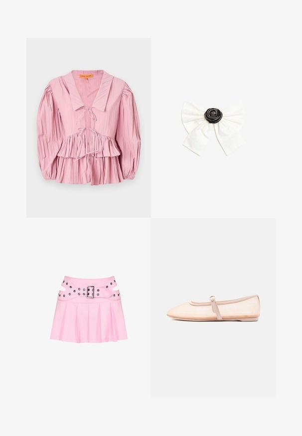 Stine Goya PLEATED BALLOON SLEEVE TIE - Blúzka - pink nectar; Ružová plisovaná mini sukňa so širokým dvojvrstvovým pásom, striebornou prackou a viacerými očkami na zapínanie a ozdobu.; Svetlobéžová balerínka s ostrou špičkou a jedným bočným remienkom so sponou, zobrazená na jednoduchom bielom pozadí.; Biely látkový motýlik s čiernym stredom ružice zdobený malými striebornými korálkami na jednoduchom bielom pozadí.