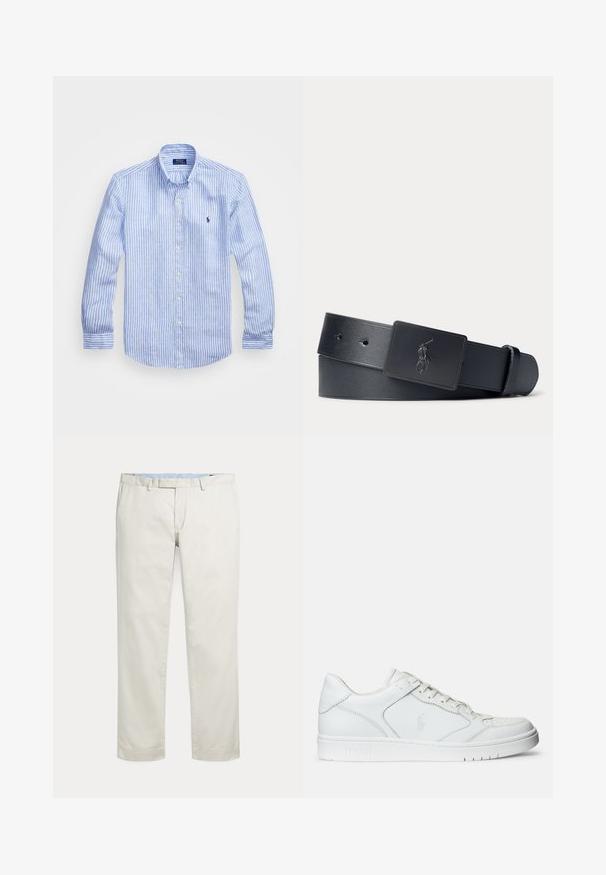 Camisa de manga larga a rayas azul y blanca hecha de algodón, con cuello de botón, botones en el frente y un pequeño logo bordado en el pecho.; Pantalones color crema de pierna recta con trabillas para cinturón y cierre delantero oculto sobre un fondo liso.; Zapatilla de cuero blanca con textura suave, que presenta una puntera perforada, cierre de cordones y logo bordado en el lateral. Suela de goma blanca.; Cinturón de cuero negro con una hebilla rectangular negra que presenta un logotipo de jugador de polo en relieve.