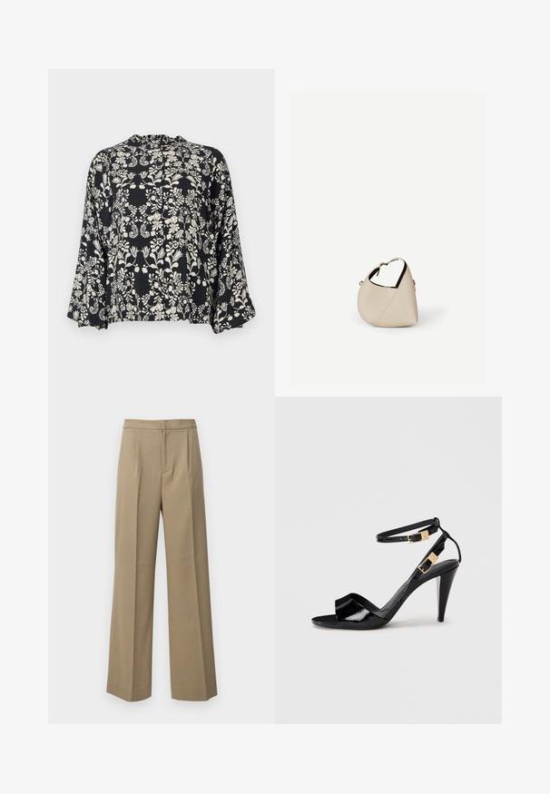 Zwarte blouse met een witte bloemenprint, voorzien van een ruchehals en losse, uitlopende mouwen. Geplateerde stof met verticale lijnen.; Beige wijde pantalon gemaakt van een gestructureerde stof. Voorzien van plooien aan de voorkant en een platte tailleband. Geen zichtbare sluitingen of zakken.; Zwart lakleren hoge hak sandaal met dubbele enkelbandjes en gouden gespen, open teen en slanke, taps toelopende hak op een neutrale achtergrond.; Beige leren handtas in halvemaanvorm met een enkele schouderband en minimale stiksels, afgebeeld tegen een effen witte achtergrond.