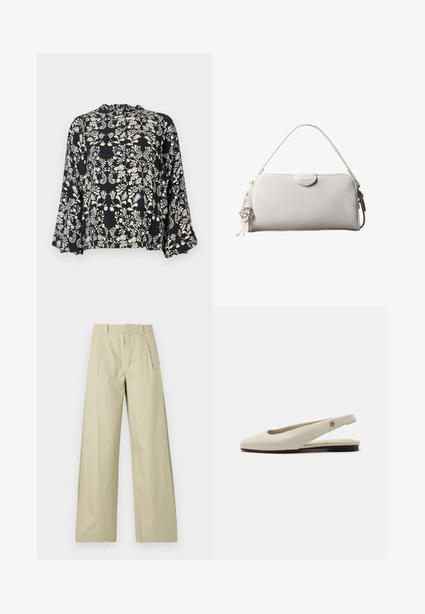 Blouse noire avec un imprimé floral blanc, dotée d'un col froncé et de manches amples évasées. Tissu texturé avec des lignes verticales.; Pantalons larges en coton beige clair, présentant un devant plat avec des plis, des passants de ceinture et des ourlets à revers. Texture lisse et design décontracté.; Chaussure plate slingback en cuir couleur crème avec un bout arrondi et un petit emblème doré sur la bride.; Sac à main rectangulaire blanc Calvin Klein avec une seule poignée, design minimaliste et pampilles décoratives avec un charm métallique géométrique sur le côté.