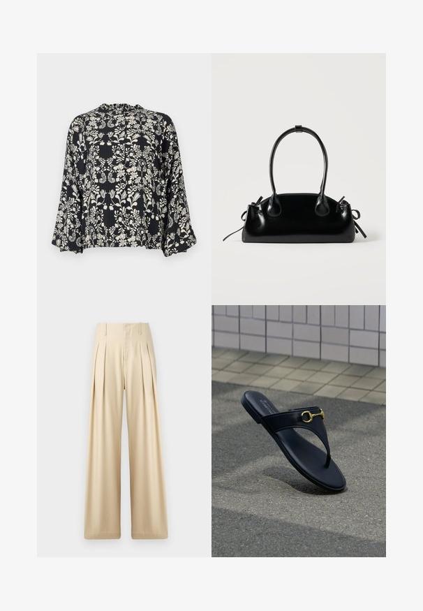 Blouse noire avec un imprimé floral blanc, dotée d'un col froncé et de manches amples évasées. Tissu texturé avec des lignes verticales.; Pantalons larges beige en tissu lisse. Présentent des plis nets, une taille haute et des détails de couture subtils pour un look ajusté.; Sandale en cuir noir avec lanière arrière et détail mors de cheval doré, sur un sol en asphalte et un mur carrelé en arrière-plan.; Petit sac à main noir brillant avec deux longues anses et des détails à cordon sur les côtés sur un fond clair uni.