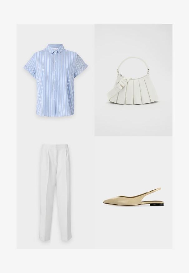 Lichtblauw, kort mouw shirt met knoopsluiting en verticale witte strepen, een kraaghals en opgerolde manchetten. Glad stofoppervlak.; Witte op maat gemaakte broeken met een rechte pasvorm, voorzien van voorplooien, twee zijzakken en een schone tailleband voor een nette uitstraling.; Beige platte slingback schoen met puntige neus, lage zwarte hak en een glad leren afwerking, zijaanzicht op een effen achtergrond.; Lacoste LENGLEN BAG - Handtas - cristalline
