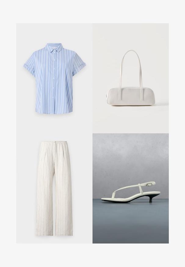 Camisa de botón de manga corta azul claro con rayas verticales blancas, cuello con solapa y puños enrollados. Textura de tela suave.; Samsøe Samsøe SATOVE TROUSERS - Pantalones - egret; Sandalia blanca de tacón kitten con tiras y punta afilada, flotando sobre un suelo de baldosas de madera al aire libre, con un fondo desenfocado de plantas y pared.; Bolso de hombro rectangular blanco con correas largas y delgadas, costuras mínimas y cierre de cremallera sobre un fondo liso.