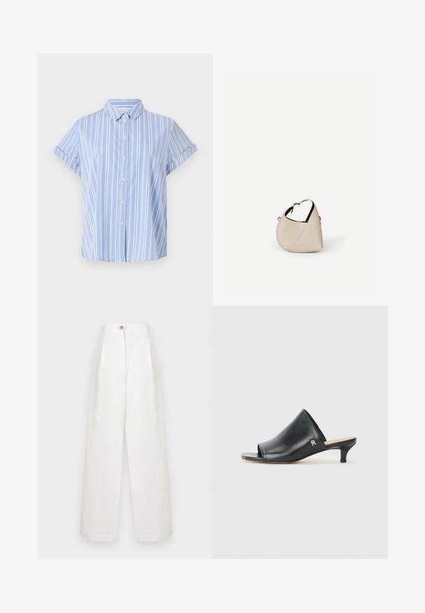 Camisa de botón de manga corta azul claro con rayas verticales blancas, cuello con solapa y puños enrollados. Textura de tela suave.; Pantalones blancos de pierna ancha en una tela ligera, con una cintura alta, pliegues frontales y un cierre de botón único en la cintura.; Mules de cuero negro de punta abierta con un tacón bajo. Presentan una superficie lisa y un acento del logo dorado en el costado.; Bolso de cuero beige en forma de media luna con una sola correa para el hombro y costuras mínimas, colocado sobre un fondo blanco liso.