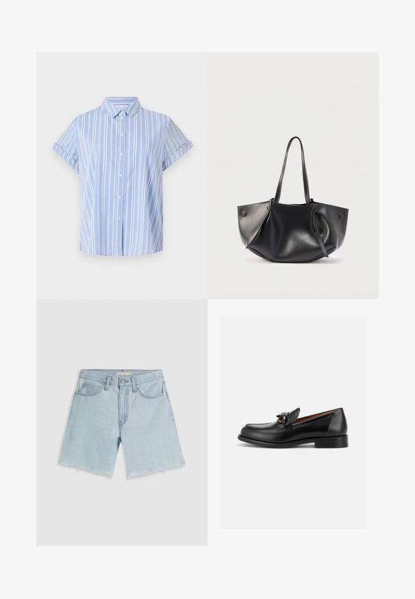 Lyseblå kortærmet skjorte med knapper og lodrette hvide striber, krave og opaskede ærmer. Glat stofstruktur.; Lyseblå denimshorts med frynset kant, fire lommer og lynlåslukning; har subtil falming og sølvfarvet hardware.; Sort læderloafer med lav hæl og metal kæde detalje over toppen, vist i sideprofil på hvid baggrund.; Sort skuldertaske i læder med to lange remme, en blød rundet form og knapdetaljer på hver side.
