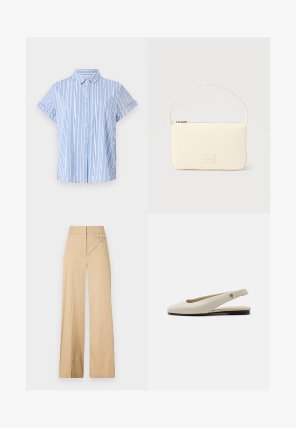 Lichtblauw, kort mouw shirt met knoopsluiting en verticale witte strepen, een kraaghals en opgerolde manchetten. Glad stofoppervlak.; Beige wijde broek gemaakt van een katoenmix. Kenmerkt zich door een gladde textuur, een elastische tailleband en een zijknopdetail.; Crèmekleurige leren slingback platte schoen met ronde neus en klein gouden embleem op het bandje.; Roomkleurige rechthoekige handtas met een enkele draagband en een ritssluiting aan de bovenkant, met een klein ingegraveerd logoplacaat op de voorkant.