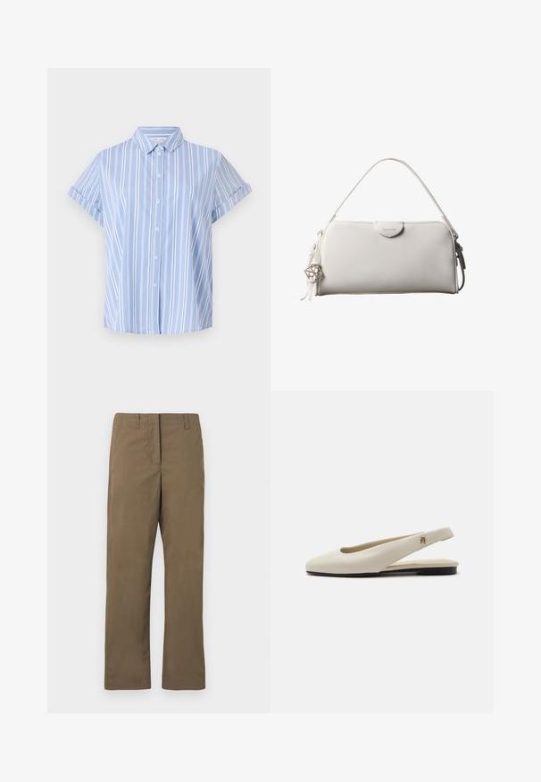 Camisa de botón de manga corta azul claro con rayas verticales blancas, cuello con solapa y puños enrollados. Textura de tela suave.; Pantalones rectos marrones hechos de una mezcla de algodón. Cuentan con passantes para cinturón, un bolsillo frontal y una textura suave sin patrones.; Zapato plano slingback de cuero color crema con puntera redondeada y pequeño emblema dorado en la correa.; Bolso rectangular blanco de Calvin Klein con un solo asa, diseño minimalista y borlas decorativas con un charm metálico geométrico en el lateral.
