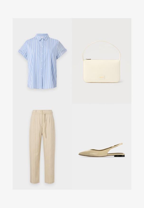 Camisa de botón de manga corta azul claro con rayas verticales blancas, cuello con solapa y puños enrollados. Textura de tela suave.; Pantalones a rayas beige con un corte relajado, que cuentan con una cintura ajustada, cierre de botón y cinturón de lazo, confeccionados en un tejido ligero.; Zapato plano beige con puntera puntiaguda, diseño slingback, tacón bajo negro y acabado en cuero liso, mostrado de perfil sobre un fondo liso.; Bolso rectangular color crema con una sola correa y cremallera superior, con una pequeña placa de logotipo en relieve en el frente.