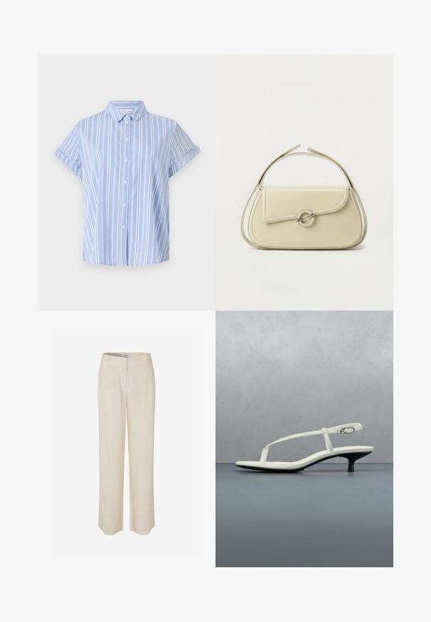 Lichtblauw, kort mouw shirt met knoopsluiting en verticale witte strepen, een kraaghals en opgerolde manchetten. Glad stofoppervlak.; Beige linnen broek met een recht model, voorzien van een gladde textuur en een lichte glans. Voorzien van een tailleband en onopvallende voorzakken.; Witte sandaal met smalle bandjes en kitten heel, met een spitse neus, zwevend boven een houten tegelvloer buiten, met op de achtergrond een wazige plant en muur.; Crème leren handtas met gebogen klep, ronde zilveren sluiting en korte bovenste handgreep op een effen witte achtergrond.