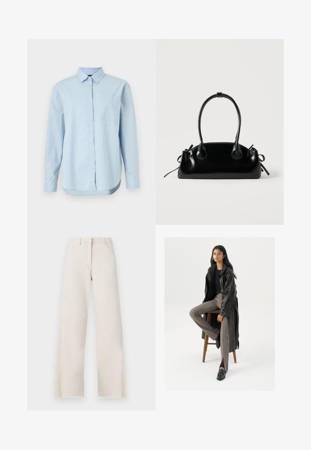 Chemise à manches longues bleu clair en coton, avec un col classique, une poche poitrine unique et un ourlet arrondi.; Jeans larges en coton crème avec taille haute, cinq poches et ourlet effiloché. Texture lisse et couleur neutre.; Manteau trench en cuir noir avec des boutons et une ceinture, associé à un pantalon ajusté marron clair et des mocassins noirs, assis sur un tabouret en bois.; Petit sac à main noir brillant avec deux longues anses et des détails à cordon sur les côtés sur un fond clair uni.