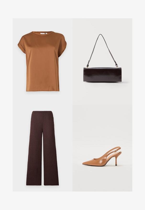 Blouse en satin camel marron à manches courtes avec un col rond et des poignets légèrement retroussés sur un fond uni.; Pantalon marron à jambes larges avec une ceinture élastique, conçu dans un tissu froissé et de longueur complète.; Escarpin à talon slingback à bout pointu en matériau beige lisse et brillant. Présente un design de découpes courbées et un talon aiguille fin. Détail de boucle en argent.; Sac à main rectangulaire en cuir noir avec une longue bandoulière unique et une finition brillante, présenté sur un fond blanc uni.