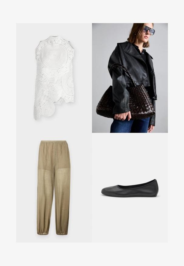 Top blanc sans manches en dentelle avec col montant et motifs circulaires et floraux complexes, avec un ourlet asymétrique.; Pantalon en lin beige léger et ample avec une taille élastique et des poignets élastiques aux chevilles.; Ballerines en cuir noir avec un bout rond, texture lisse, détails de couture minimalistes et design de semelle flexible.; DRAGON DIFFUSION SANTA CROCE BIG - Sac à main - dark brown