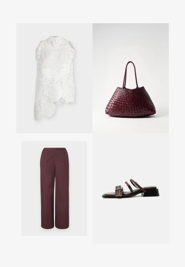 Top blanc sans manches en dentelle avec col montant et motifs circulaires et floraux complexes, avec un ourlet asymétrique.; Pantalon marron taille haute à jambes larges avec un devant lisse et des poches latérales, présenté sur un fond clair uni.; Sandale en cuir marron avec bride avant tissée, deux fines brides de cheville avec boucle, talon bloc bas et bout carré.; DRAGON DIFFUSION SANTA CROCE BIG - Sac à main - bordo