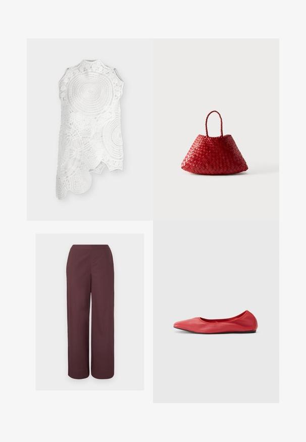 Top blanc sans manches en dentelle avec col montant et motifs circulaires et floraux complexes, avec un ourlet asymétrique.; Pantalon marron taille haute à jambes larges avec un devant lisse et des poches latérales, présenté sur un fond clair uni.; Filippa K REY FLATS - Ballerines - bright red; Sac à main en cuir tressé rouge avec une forme triangulaire arrondie et deux poignées tressées sur fond blanc.