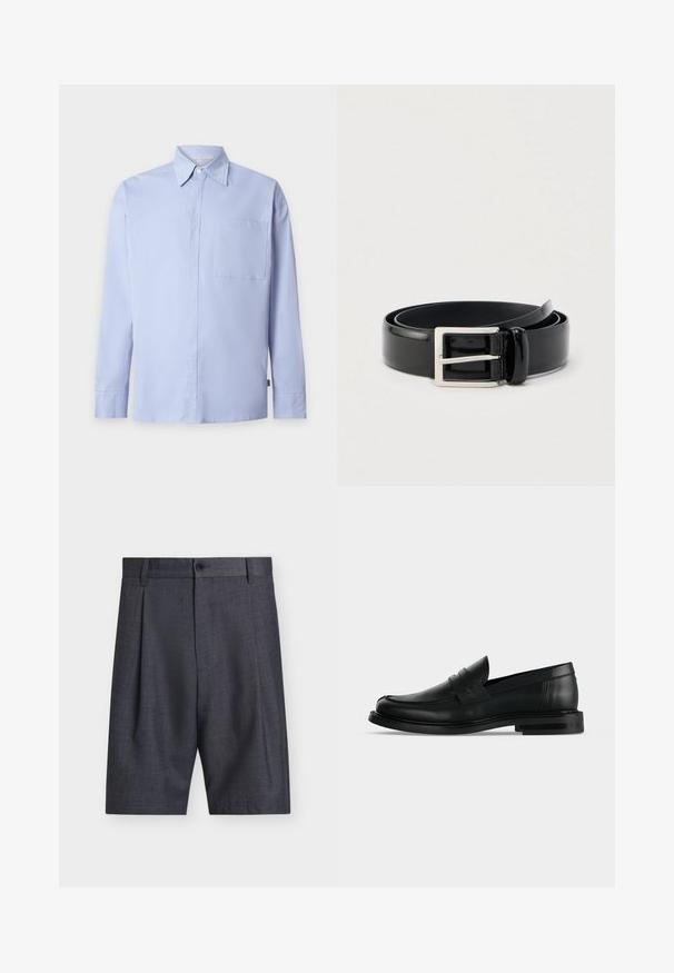 Chemise bleu clair à manches longues avec boutons, col pointu et une poche poitrine unique sur fond blanc uni.; Shorts pour hommes gris foncé taillés sur mesure avec passants de ceinture, bouton à l'avant, fermeture éclair et plis latéraux subtils.; Mocassin penny pour homme en cuir noir avec talon bas empilé et bout arrondi, vu de profil sur fond gris clair.; Ceinture en cuir noir brillant enroulée avec une boucle métallique rectangulaire argentée sur un fond clair uni.