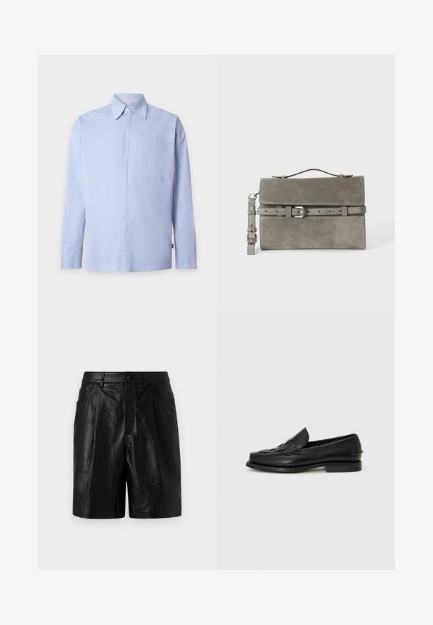 Chemise bleu clair à manches longues avec boutons, col pointu et une poche poitrine unique sur fond blanc uni.; Shorts en cuir noir à la coupe ajustée, dotés de deux poches avant, d'une fermeture à boutons et d'une texture lisse et brillante.; Mocassin en cuir noir avec un détail tissé à l'avant, bout arrondi et petit talon. Texture lisse et design minimaliste.; Pochette rectangulaire en daim gris avec poignée supérieure, bandoulière détachable et détail de ceinture à boucle argentée sur le rabat avant.