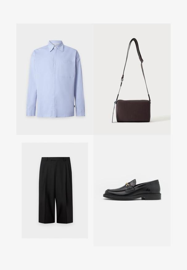 Chemise bleu clair à manches longues avec boutons, col pointu et une poche poitrine unique sur fond blanc uni.; Pantalon noir à jambes larges et courtes avec passants de ceinture et plis avant, présenté sur un fond clair uni.; Mocassins en cuir noir avec un embout rond, présentant des accents en métal doré et des détails de couture, montés sur une semelle en caoutchouc texturé et basse.; Sac bandoulière en cuir marron foncé texturé avec une sangle réglable et un petit accent décoratif bleu sur le côté.