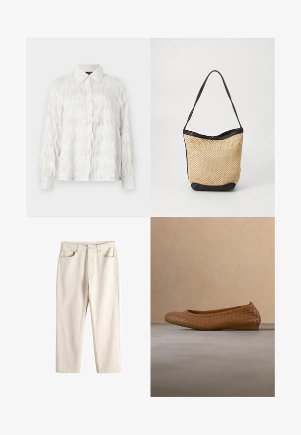 Hvid skjorte med knaplukning, der har et tekstureret zigzag-mønster og slidte detaljer, med en klassisk krave og lange ærmer.; Off-white jeans med lige ben, forreste knap og lynlås lukning, to forlommer og sølvnitter.; Brun flette læder balletflat med rundet tå, glat sål og tekstureret finish, sat mod en lys baggrund.; Vævet stråtaske med en naturlig tekstur, accentueret af en sort kunstlæderkant og skulderrem; åben-top design.