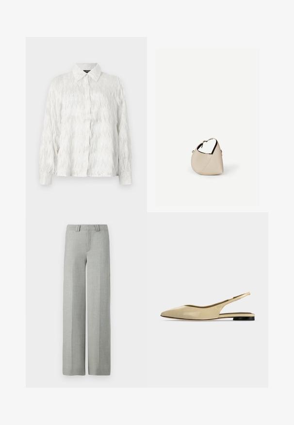 Witte button-up shirt met een gestructureerd zigzagpatroon en rafelige accenten, met een klassieke kraag en lange mouwen.; Grijze broek met wijde pijpen van een lichtgewicht stof, met een platte voorkant, riemlussen en schone, getailleerde lijnen zonder zichtbare patronen.; Beige platte slingback schoen met puntige neus, lage zwarte hak en een glad leren afwerking, zijaanzicht op een effen achtergrond.; Beige leren handtas in halvemaanvorm met een enkele schouderband en minimale stiksels, afgebeeld tegen een effen witte achtergrond.