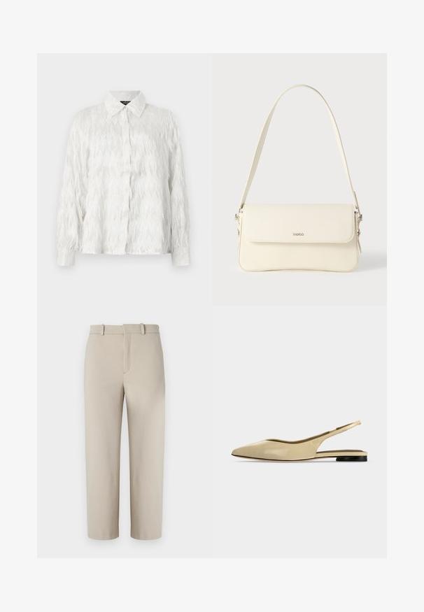 Hvid skjorte med knaplukning, der har et tekstureret zigzag-mønster og slidte detaljer, med en klassisk krave og lange ærmer.; Beige cropped bukser, skræddersyet design, flad foran med skjult lynlås, to sidelommer, lavet af glat bomuldsblandet stof.; Beige spids tå slingback flad sko med lav sort hæl og en glat læderfinish, vist fra siden på en ensfarvet baggrund.; Cremefarvet læder skuldertaske med flaplukning, sølvfarvet beslag, en enkelt justerbar rem og diskrete logodetaljer.