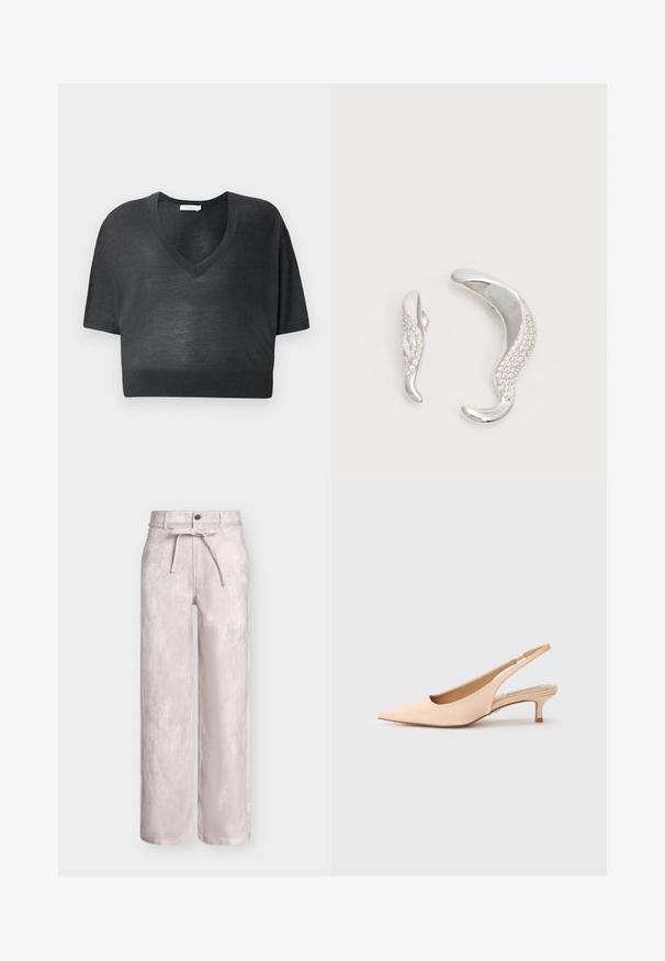 Sort cropped T-shirt i let stof med V-hals, korte ærmer og ribbet kant. Minimalistisk design uden mønstre eller accenter.; Bukser med højtaljet vidde i lys grå med forreste knap, lynlås, bæltestropper og et bindebælte i samme stof med subtilt tekstureret mønster.; Nude læder slingback-hæle med spids tå og en lille kittenhæl. Glat tekstur, minimalistisk design og en åben, åndbar hælkappe.; To buede sølvøreringe, en større end den anden, begge prydet med små funklende krystaller langs den ene kant.