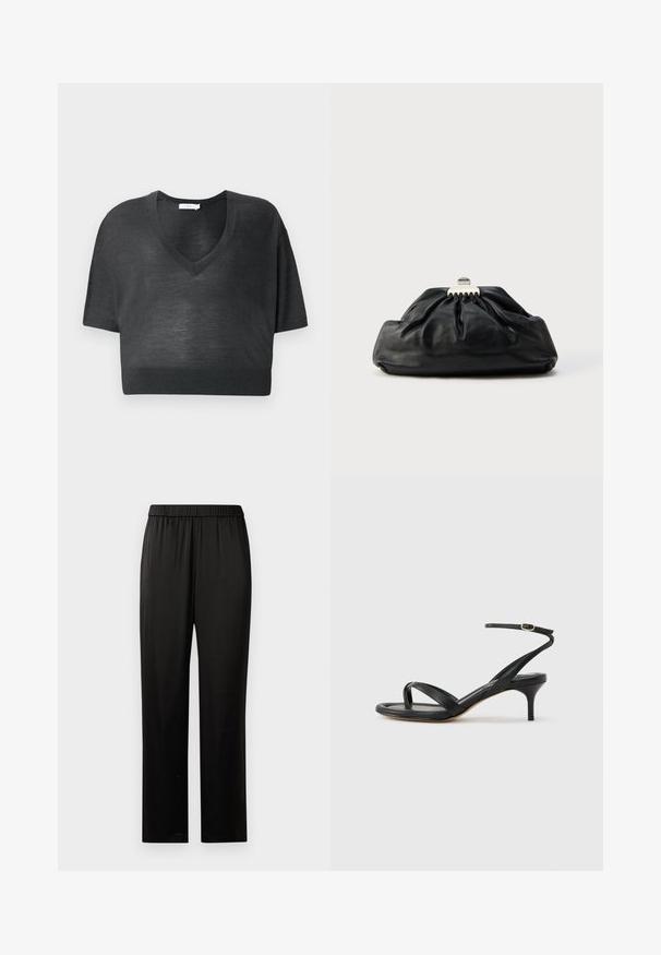 Sort cropped T-shirt i let stof med V-hals, korte ærmer og ribbet kant. Minimalistisk design uden mønstre eller accenter.; Sorte lige ben bukser med elastisk talje, glat stof og ingen synlige lommer eller udsmykninger, præsenteret på en hvid baggrund.; Sort damesandal i læder med tynde remme, en tå-loop, ankelspænde og en mellemhøj stiletthæl på en neutral baggrund.; Sort læderclutch med en samlet tekstur, metal lukning og diskret præget logo på forsiden. Rundet form.