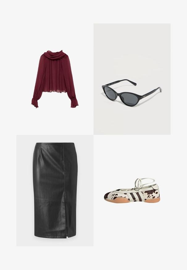 Burgundy chiffon-paita, jossa on roikkuva kaula-aukko ja pitkät hihat. Hihassa on kerrokselliset hihansuut, jotka luovat sulavan siluetin.; Musta nahkainen kynähame, jossa on tyylikäs muotoilu, sivuhalkio ja sileä pinta, sopii sekä virallisiin että rentoihin tilaisuuksiin.; Valkoiset nahkaiset balettitossut ruskealla lehmänkuviolla, joissa on kolme mustaa raitaa sivulla ja joustava vaaleanruskea kumipohja.; Mustat kissansilmä-aurinkolasit, joissa on tummat linssit ja "QUAY"-logo sankoissa, lepäävät vaalealla pinnalla.