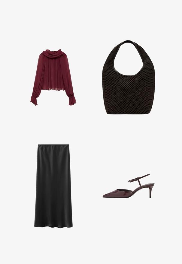 Bordeaux chiffon blouse met een gedrapeerde hals en lange mouwen. De mouwen hebben gather cuffs, wat een vloeiende silhouet creëert.; Zwarte, tot op de vloer vallende rok gemaakt van glad, lichtgewicht materiaal, met een elastische tailleband en een eenvoudig ontwerp. Geen zichtbare patronen of accenten.; Bordeaux patentleren slingback hakken met een puntige neus, dunne enkelband en een gematigde stiletto hak. Glad, glanzend afwerking.; Zwarte open geweven mesh tas met afgeronde bovenhandgreep en een breed, gebogen lichaam.