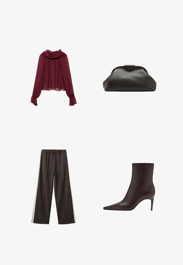 Bordeaux chiffon blouse met een gedrapeerde hals en lange mouwen. De mouwen hebben gather cuffs, wat een vloeiende silhouet creëert.; Zwarte wijde broek met elastische tailleband, zijzakken en witte zijstrepen. Glad stof met een getailleerde pasvorm.; Bruine leren enkelboot met een spitse neus, slanke schacht en een dunne, hoge hak. Gladde textuur, minimalistisch ontwerp, geen zichtbare hardware.; Zachte zwarte leren clutch met een afgerond frame en een kleine lipsluiting bovenin het midden.