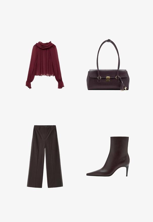 Bordeaux chiffon blouse met een gedrapeerde hals en lange mouwen. De mouwen hebben gather cuffs, wat een vloeiende silhouet creëert.; Bruine wijde broek gemaakt van gladde stof met witte zijkanten. Kenmerken zijn onder andere voorzakken en een hoge tailleband.; Bruine leren enkelboot met een spitse neus, slanke schacht en een dunne, hoge hak. Gladde textuur, minimalistisch ontwerp, geen zichtbare hardware.; Donkerpaarse leren handtas met een gestructureerd ontwerp, dubbele handgrepen, gouden beslag en een platte klep met een sluiting en sleutelhangerdetail.