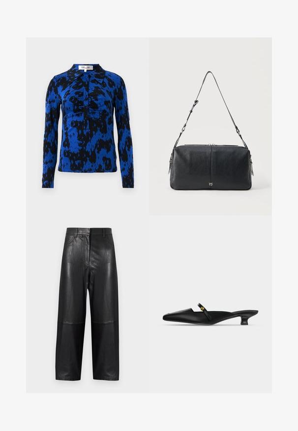Langsleeve shirt in een abstract patroon van blauw en zwart. Heeft een kraag en een knoopsluiting met gerafelde details in het midden.; Zwarte leren broek met wijde pijpen, voorzien van een gladde textuur en naaddetails. Tailleband en zakken zichtbaar.; Zwarte mule met puntige neus, lage kittenhak en smalle riem over de wreef met een klein gouden knoopdetail.; Zwarte rechthoekige schoudertas van leer met verstelbare riem en zilverkleurige ritsdetails op een effen lichte achtergrond.