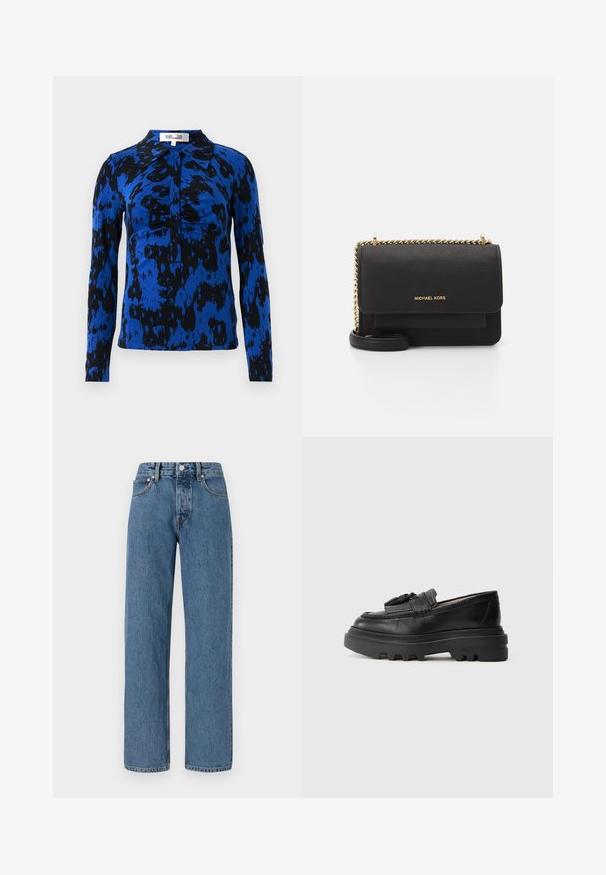 Skjorte med lange ærmer i et abstrakt mønster i blå og sort. Har en krave og knaplukning med samlet detaljer i midten.; Lyseblå, lige jeans lavet af denim. Har høj talje, fem-lomme design, metal knaplukning og subtil falmning.; Sorte læder loafers med en kraftig gummisål og ribbet tekstur. Har en flettet accent foran. Vist fra siden.; Sorte læder crossover taske med struktureret finish, gylden kædestrop, klaplukning og prægede logo på forsiden.