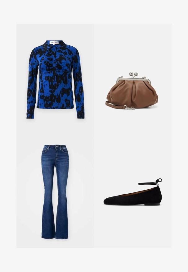 Langsleeve shirt in een abstract patroon van blauw en zwart. Heeft een kraag en een knoopsluiting met gerafelde details in het midden.; Donkerblauwe flare jeans met een hoge taille, gemaakt van denim, met contrasterende stiksels en een knoopsluiting aan de voorkant.; Zwarte suède platte schoen met een ronde neus, dunne enkelriem die in een strikje is gebonden, en lage hak op een effen lichte achtergrond.; Weekend Max Mara PRATI - Clutch - cuoio