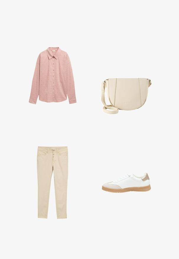 Lys pink langærmet skjorte med knapper og krave samt struktureret polkaprikket mønster. Lavet af blødt stof med strukturerede ærmer.; Beige slim-fit jeans i bomuld med fem knapper, forlommer og diskrete syninger. Glat tekstur og tætsiddende design.; Hvide sneakers med en glat læderoverdel, beige ruskind tåhætte og en struktureret tan gummisål. Har fem huller til snørebånd og en polstret hæl.; Crossbody taske i struktureret cremefarvet kunstlæder, halvcirkelformet, justerbar rem, minimal syning og diskret branding forneden.