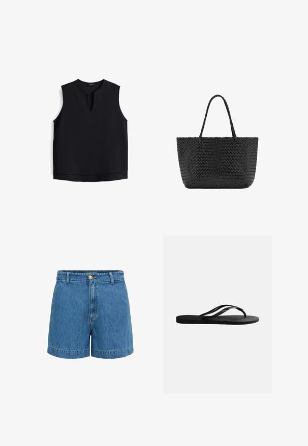 Mouwloos zwart topje met een ronde hals en een kleine opening aan de voorkant. Gemaakt van zachte stof, met subtiele stiksel langs de zoom.; Blauwe denimshorts met een hoge taille, riemlussen, voorste knoop en ritssluiting, weergegeven op een witte achtergrond.; Zwarte rubberen teenslipper met een gestructureerd voetbed en dunne Y-vormige bandjes op een effen witte achtergrond.; Zwarte geweven draagtas met twee gevlochten handvatten, rechthoekige vorm en gestructureerd patroon, afgebeeld op een effen witte achtergrond.