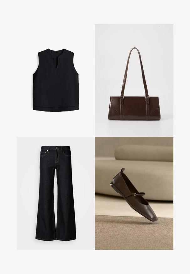 Ärmelloses schwarzes Oberteil mit rundem Halsausschnitt und einem kleinen Schlitz vorne. Hergestellt aus weichem Stoff, mit dezenten Nähten am Saum.; Dunkelblaue Jeans mit weitem Bein, hoher Taille, fünf Taschen und kontrastierenden gelben Nähten entlang der Nähte.; Dunkelbrauner flacher Mary Jane Lederschuh mit einer kleinen Schnalle, aufrecht stehend auf einem beigen Teppich vor einem hellfarbenen Sofa.; Braune Lackleder-Handtasche in rechteckiger Form, mit zwei langen Griffen und subtilen, geschwungenen Akzenten auf der Vorderseite.