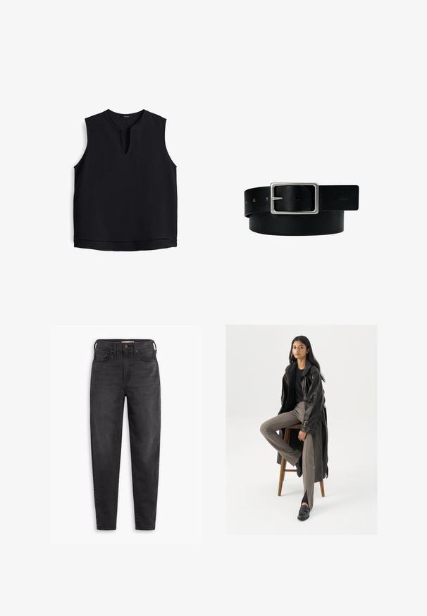 Mouwloos zwart topje met een ronde hals en een kleine opening aan de voorkant. Gemaakt van zachte stof, met subtiele stiksel langs de zoom.; Zwarte hoog-taille slim-fit jeans met voor- en achterzakken, knoopsluiting en riemlussen, weergegeven op een witte achtergrond.; Zwarte leren trenchcoat met knopen en riemdetails, gecombineerd met lichtbruine getailleerde broek en zwarte loafers, zittend op een houten kruk.; Zwarte leren riem met zilveren rechthoekige gesp en meerdere verstelgaten, plat gelegd op een witte achtergrond.