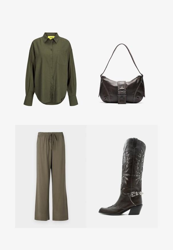 Camisa verde oliva de manga larga con botones, cuello con punta y bolsillo en el pecho, con un dobladillo ligeramente curvado y puños sobredimensionados.; Pantalones de pierna ancha en verde oliva con cintura elástica y cordón. Confeccionados con una tela suave y ligera de textura lisa.; Bota cowboy de cuero negro con recortes decorativos, hebilla plateada y tacón inclinado, presentada sobre fondo blanco.; Bolso de hombro de cuero marrón con forma curva, que presenta un prominente detalle de hebilla, costuras en contraste y una sola correa para el hombro.