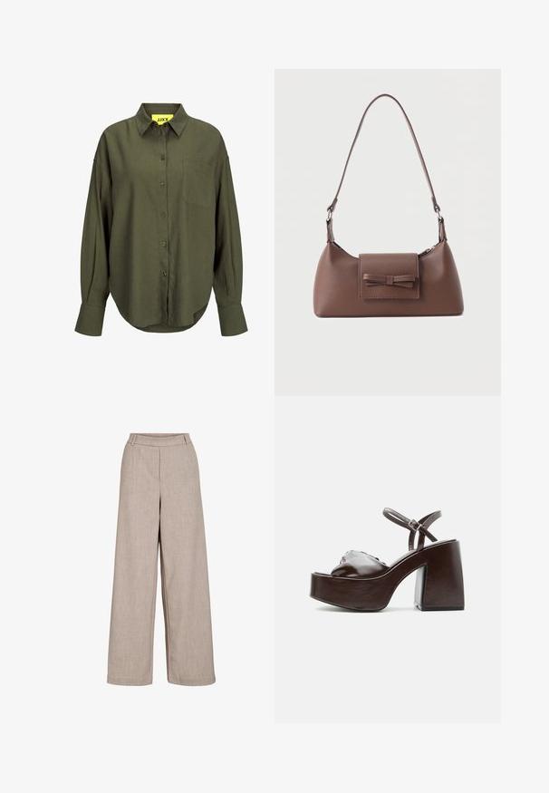 Oliven grøn langærmet skjorte med knapper, spids krave og brystlomme, med let buet kant og oversize manchetter.; Beige brede bukser lavet af letvægtsstof. Har en glat tekstur, en tætsiddende talje og sidelommer for funktionel detaljer.; Mørkebrune læderplatformsandal med chunky blokhæl, åben tå og justerbar ankelrem med metal spænde.; Brun skuldertaske i læder med en frontlomme med klap, der har en sydd sløjfedetalje, og en justerbar rem.